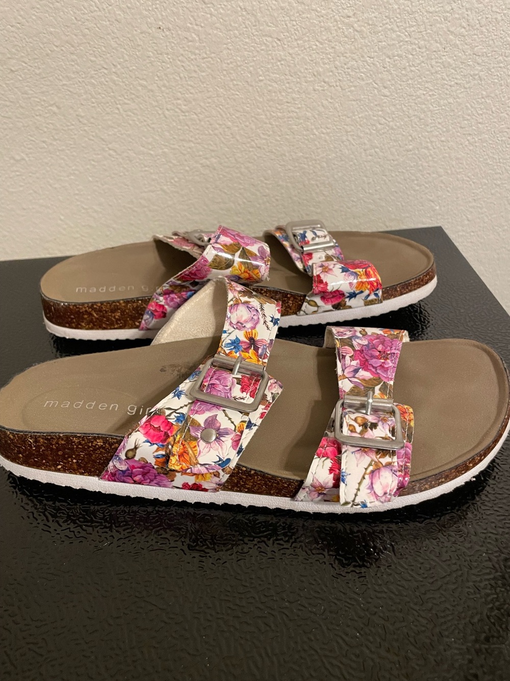 Madden Girl Floral Double-Buckle Slide Sandals - White Floral